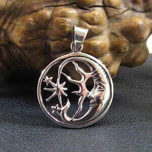 Solid 925 Sterling Silver Crescent Moon Face & 3 Stars Celestial Pendant